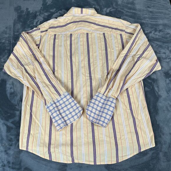 Lanzino Mens Button Front Shirt Yellow Stripe Long Sleeve Flip Cuff Sz Large - Picture 3 of 7
